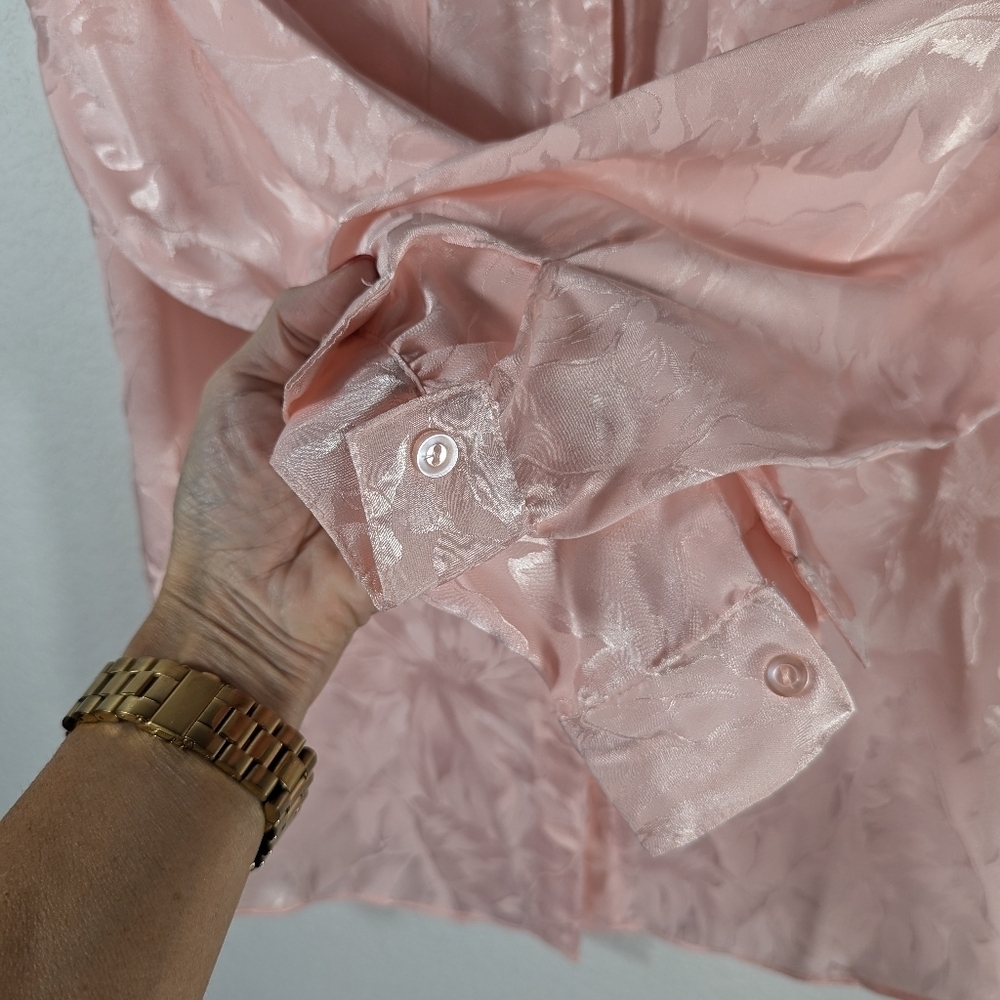 Vintage 80s Pink Satin Floral Blouse Sheer Jacquard Button Up Coquette Romance - Picture 13 of 13